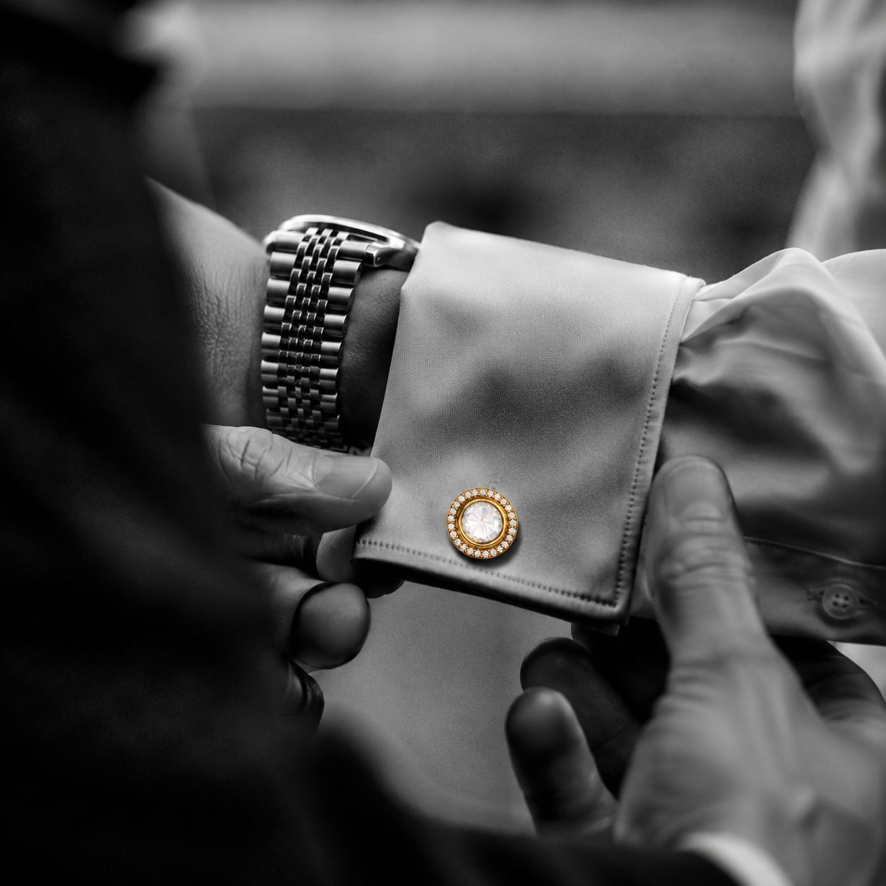 TOJ Everyday - Classic Polki Gold Finish with Diamond Cluster Mens Cufflink Pair