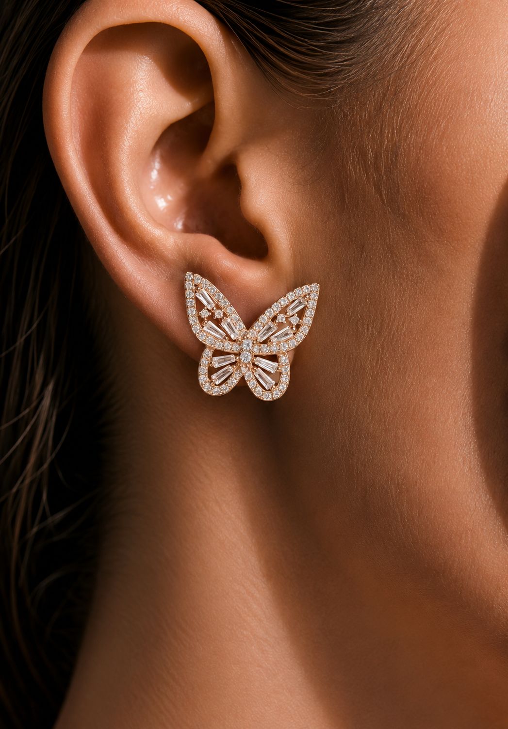 Rose Gold Butter Fly Earrings with American Diamond Tapers on Pure 925 Silver