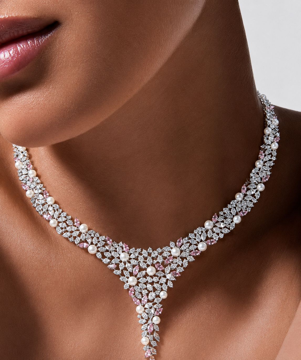 TOJ Everyday - Premium Pink Marquise Diamond and Fresh Water Pearl Solace Cocktail Necklace Set with Earrings