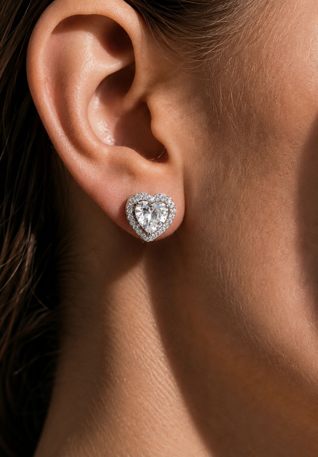 2 Carat Heart Solitaire Studs With Halo On Pure 925 Silver with Premium Screw Backs