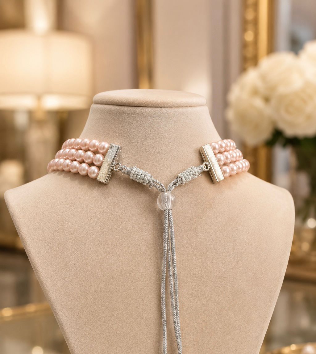 TOJ Everyday - Four Line Pink Natural Fresh Water Pearl Choker Necklace with American Diamonds for Women