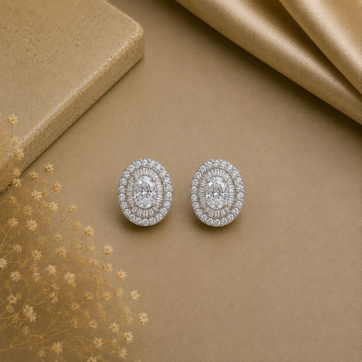 Premium 75 Cents Each Oval Solitaire Studs with Baguettes and Round Cuts on Pure 925 Silver