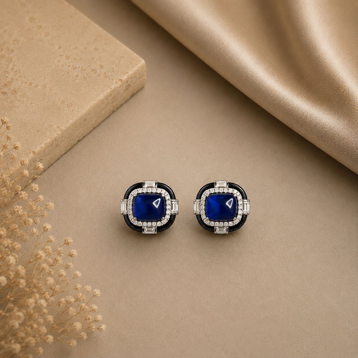 Ultra Premium Blue Crystal Cabochon Black Onyx Stud Earrings on Pure 925 Silver