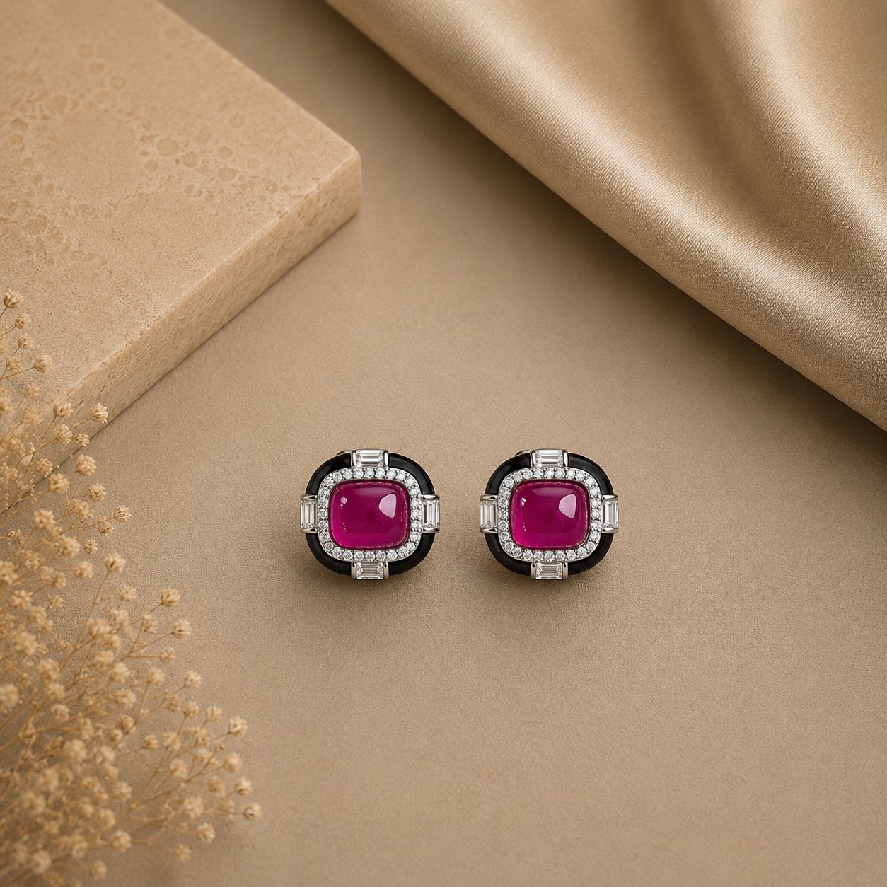 Ultra Premium Ruby Cabochon Black Onyx Stud Earrings on Pure 925 Silver
