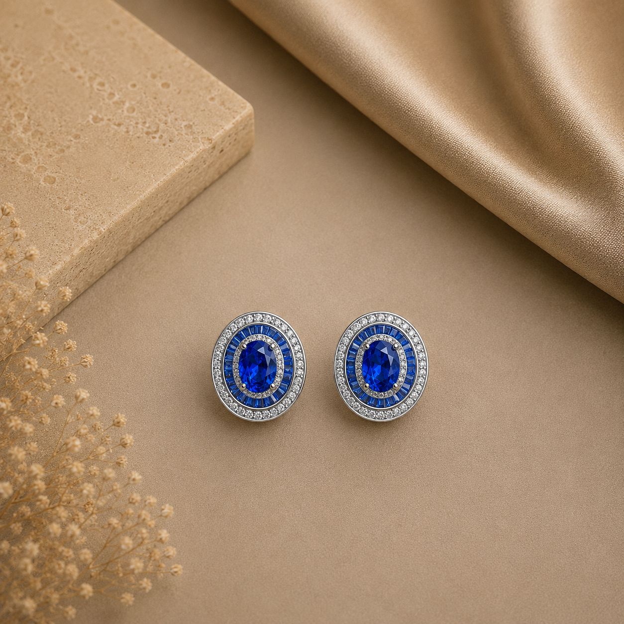 Premium 1 Carat Hydro Blue Sapphire Oval Solitaire Baguette Stud Earrings on Pure 925 Silver