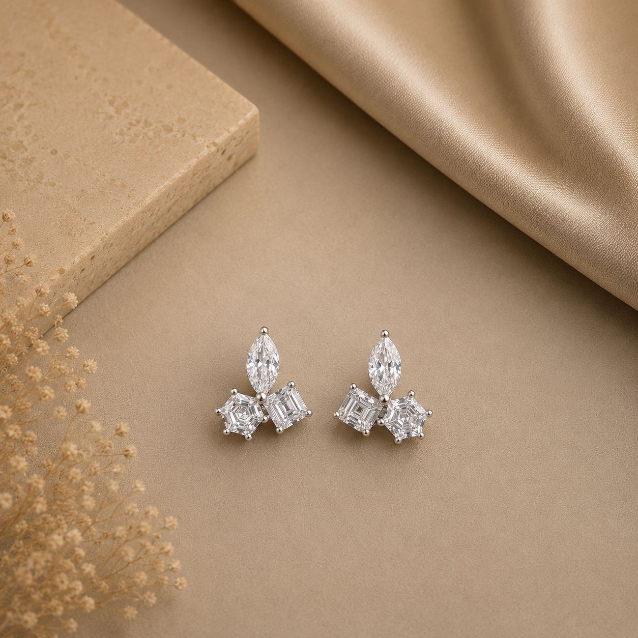 Premium Petite Tri Solitaire Vienna Studs on Pure 925 Silver