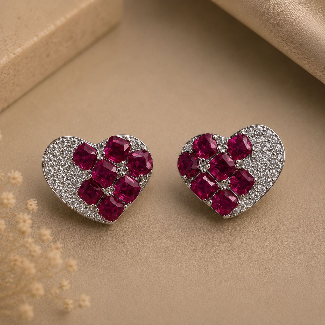 Italian Pave Setting Curvy Heart Bella Stud with Sugar Loaf Rubies on Pure 925 Silver