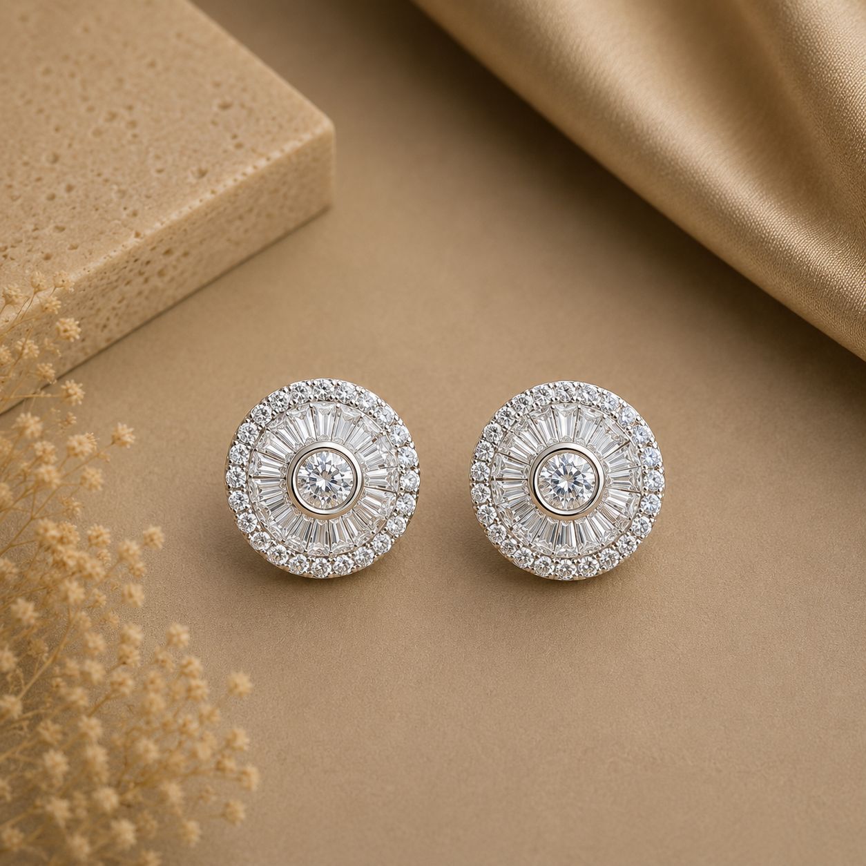 Premium Taper Baguette Setting Castor Studs with Bezel Setting Centre Solitaire on Pure 925 Silver.