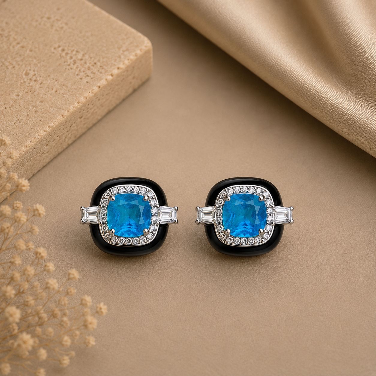 Ultra Premium Hydro Blue Topaz and Black Onyx American Diamond Stud Earrings on Pure 925 Silver