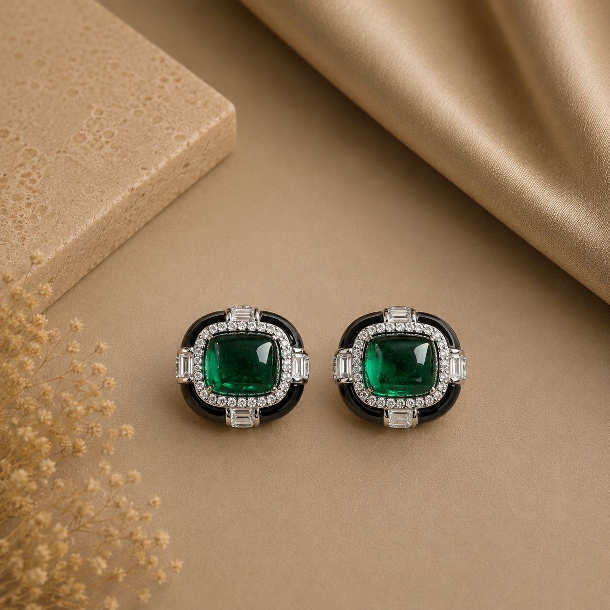 Ultra Premium Emerald Cabochon Black Onyx Stud Earrings on Pure 925 Silver