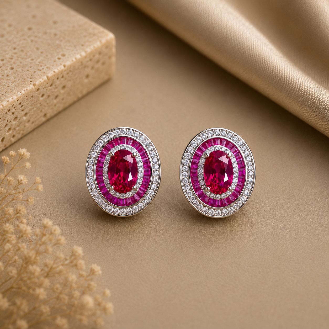 Premium 1 Carat Hydro Ruby Oval Solitaire Baguette Stud Earrings on Pure 925 Silver