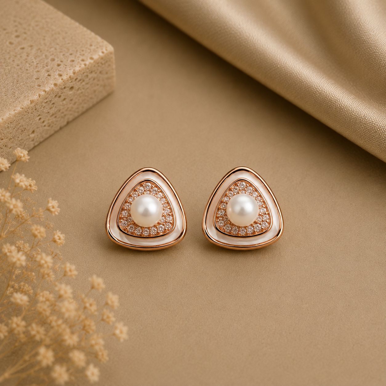 Premium Rose Gold Finish Fresh Water Pearl Ziva Stud Earrings with White Enamelling on Pure 925 Silver.