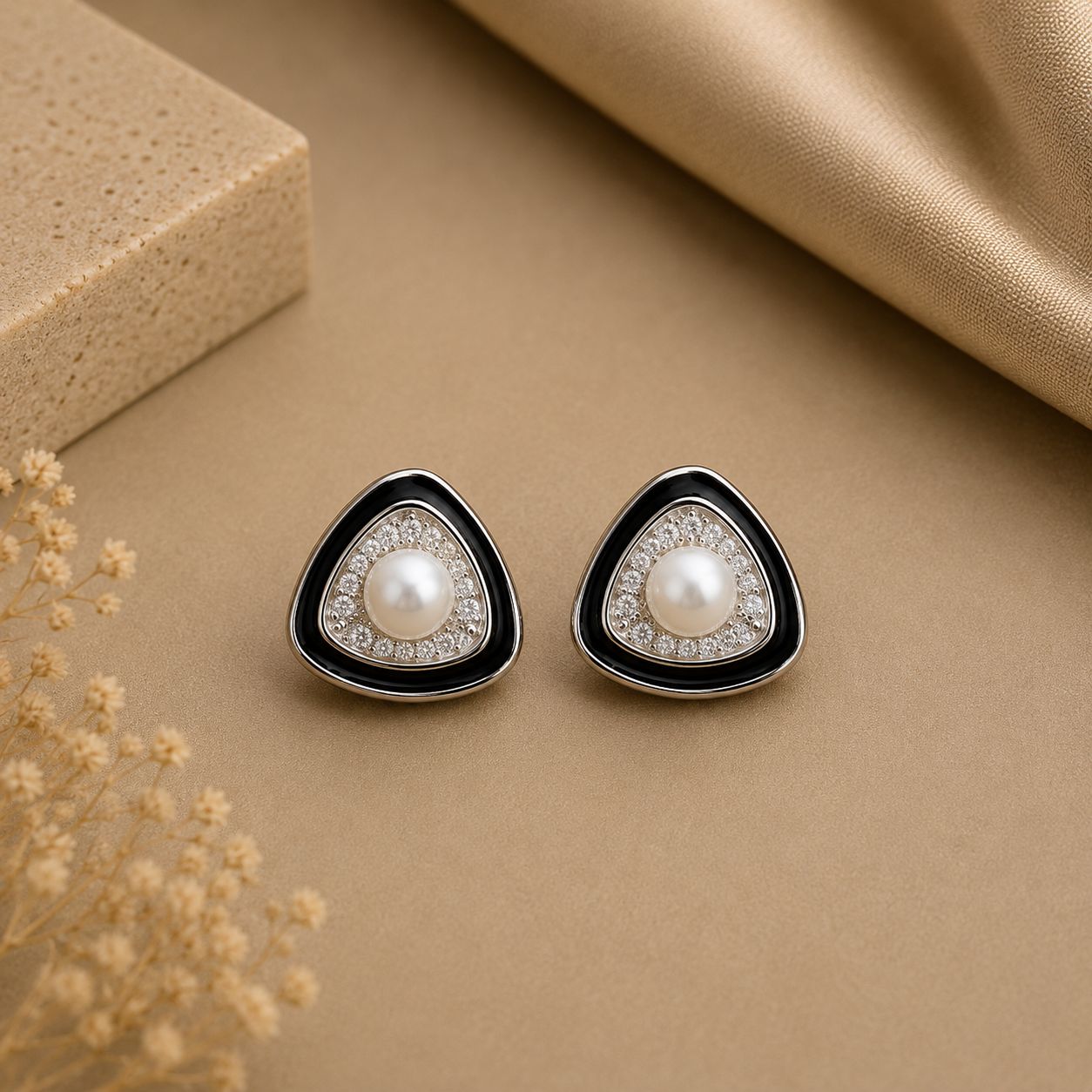Premium Fresh Water Pearl Ziva Stud Earrings with Black Enamelling on Pure 925 Silver.