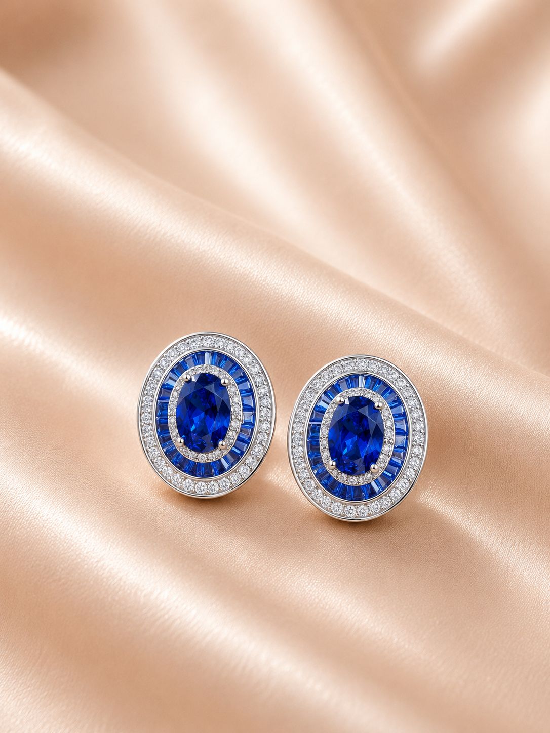 Premium 1 Carat Hydro Blue Sapphire Oval Solitaire Baguette Stud Earrings on Pure 925 Silver