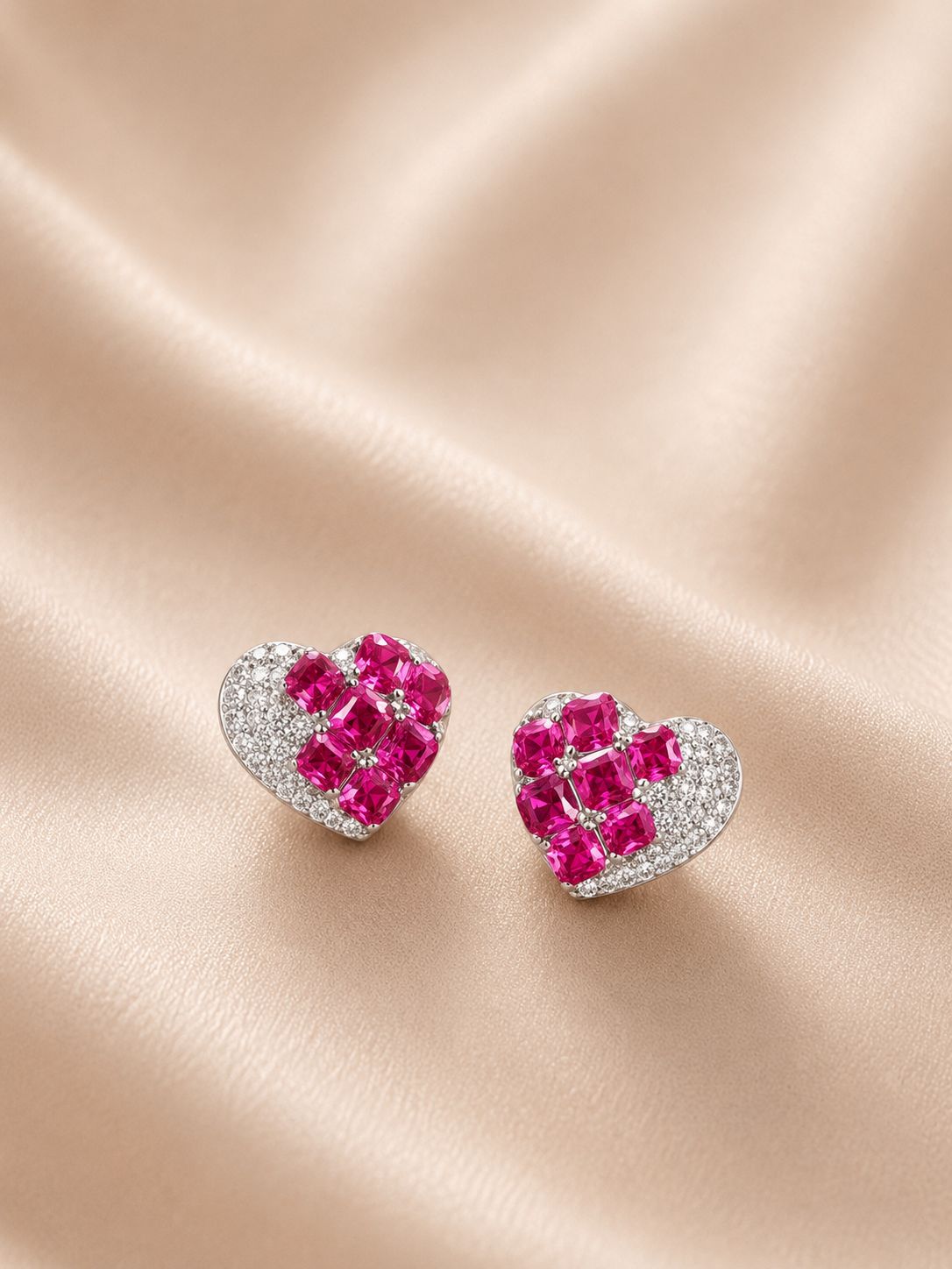 Italian Pave Setting Curvy Heart Bella Stud with Sugar Loaf Rubies on Pure 925 Silver