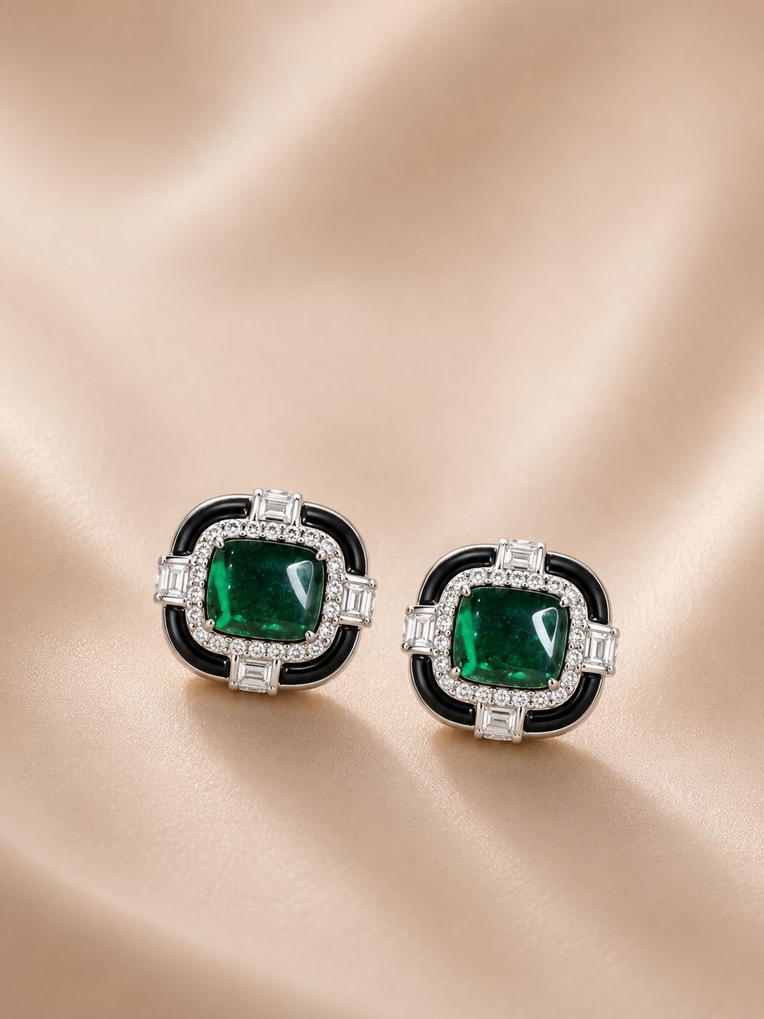 Ultra Premium Emerald Cabochon Black Onyx Stud Earrings on Pure 925 Silver