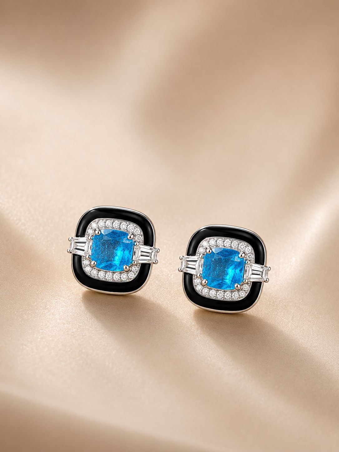 Ultra Premium Hydro Blue Topaz and Black Onyx American Diamond Stud Earrings on Pure 925 Silver