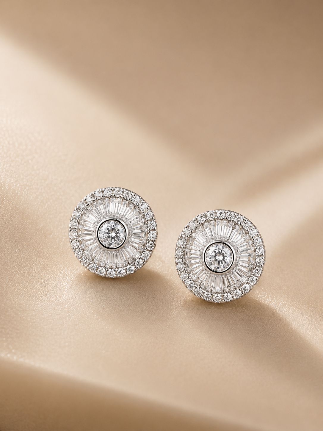 Premium Taper Baguette Setting Castor Studs with Bezel Setting Centre Solitaire on Pure 925 Silver.