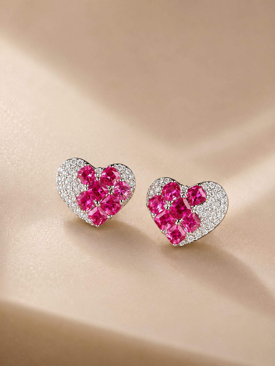 Italian Pave Setting Curvy Heart Bella Stud with Sugar Loaf Rubies on Pure 925 Silver