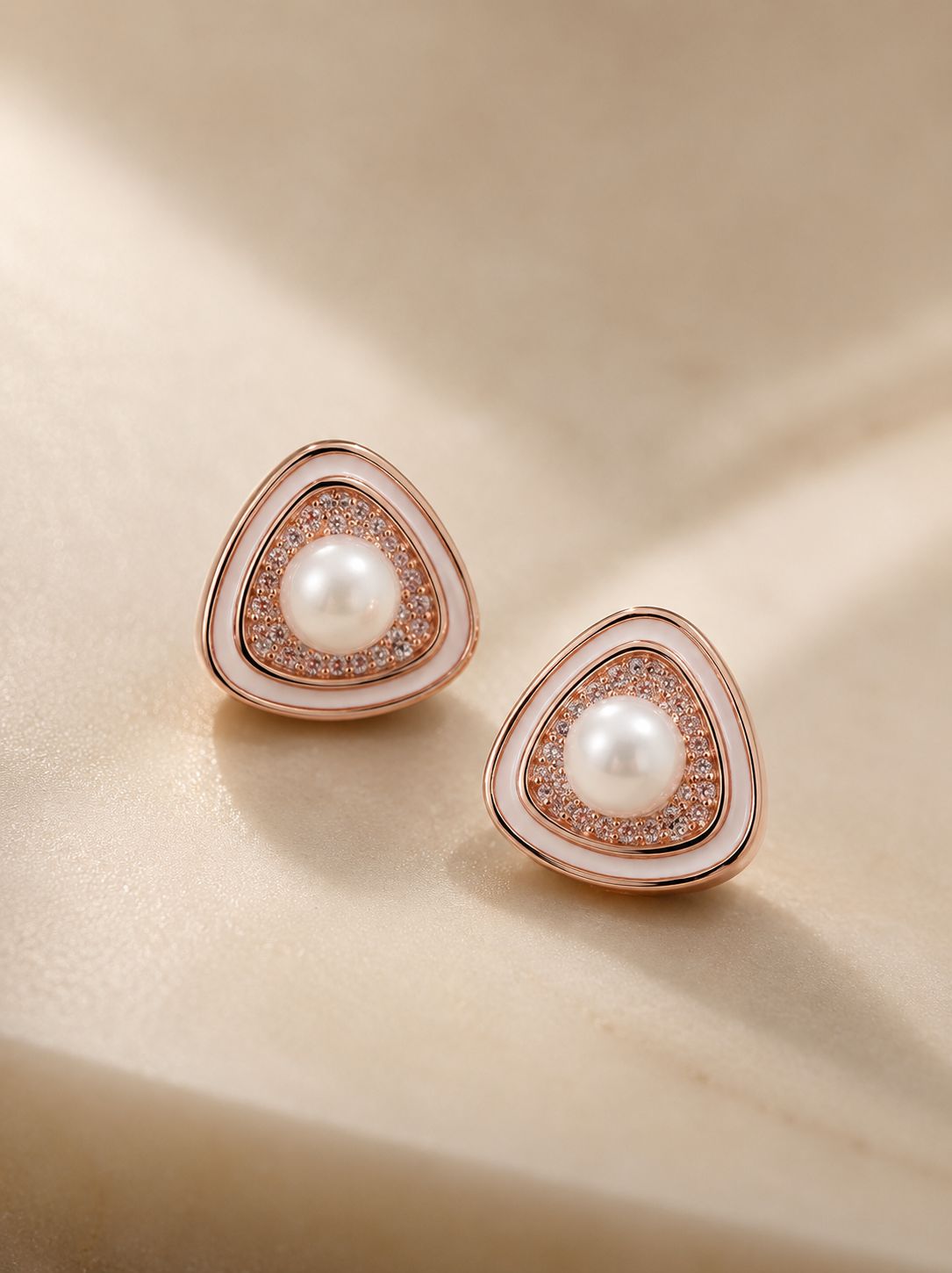 Premium Rose Gold Finish Fresh Water Pearl Ziva Stud Earrings with White Enamelling on Pure 925 Silver.