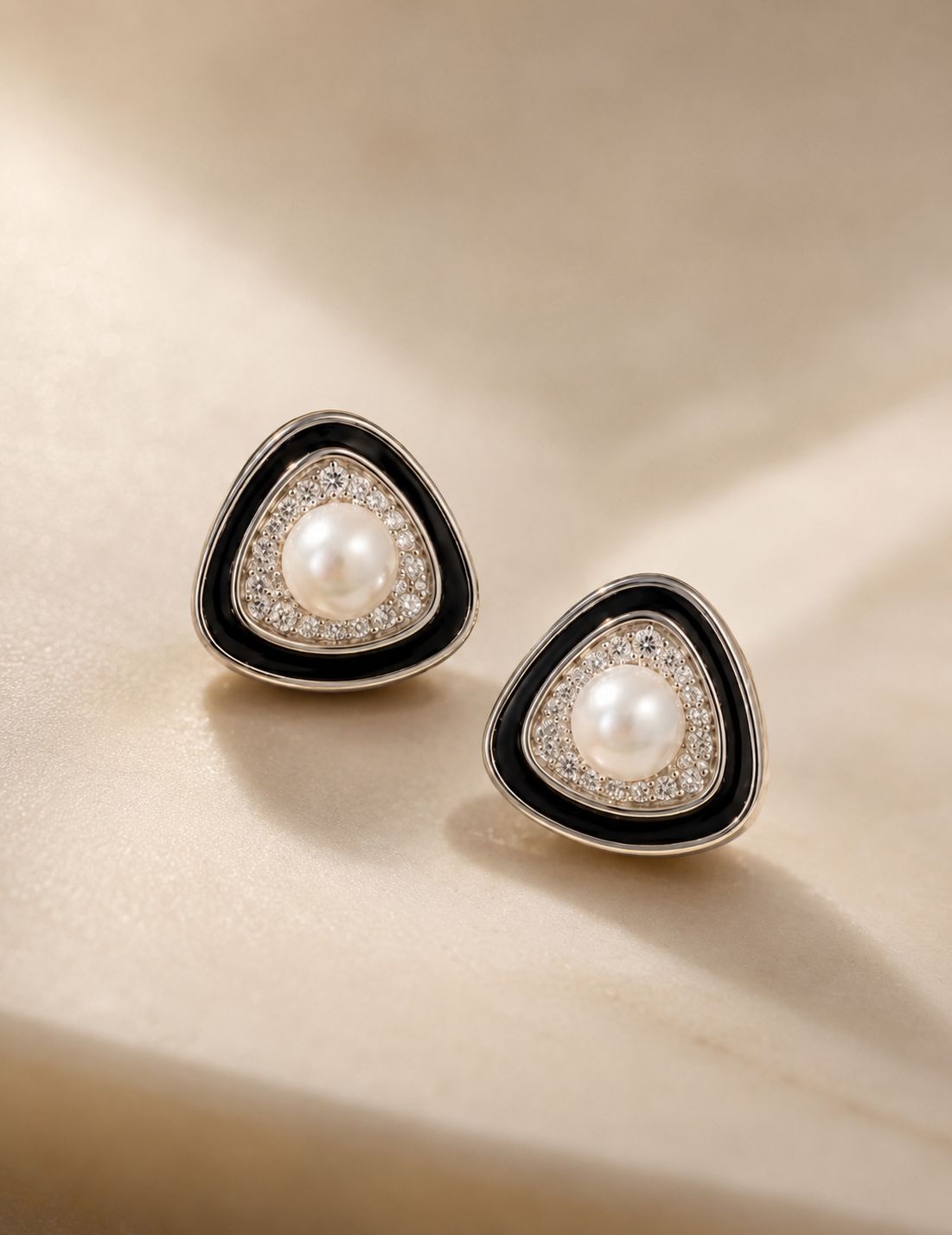 Premium Fresh Water Pearl Ziva Stud Earrings with Black Enamelling on Pure 925 Silver.