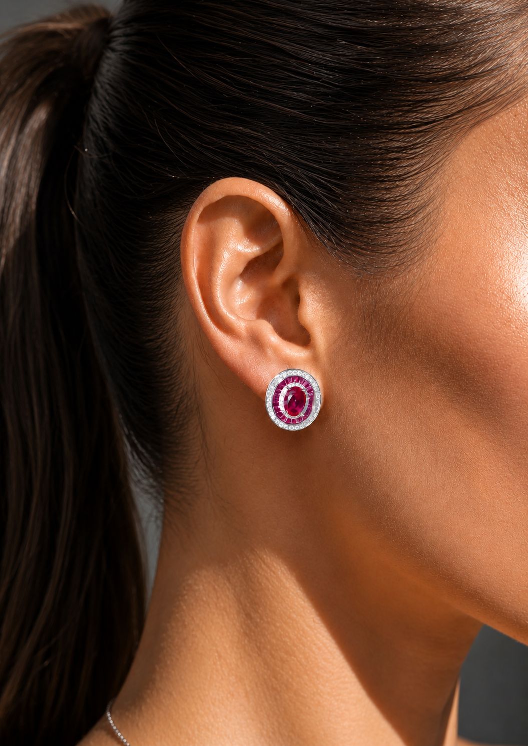 Premium 1 Carat Hydro Ruby Oval Solitaire Baguette Stud Earrings on Pure 925 Silver