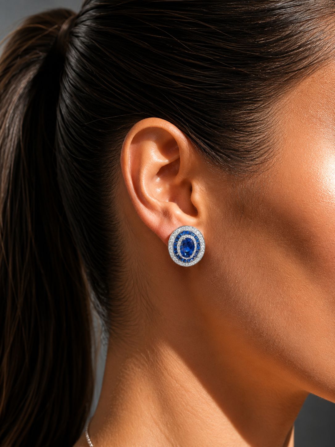 Premium 1 Carat Hydro Blue Sapphire Oval Solitaire Baguette Stud Earrings on Pure 925 Silver