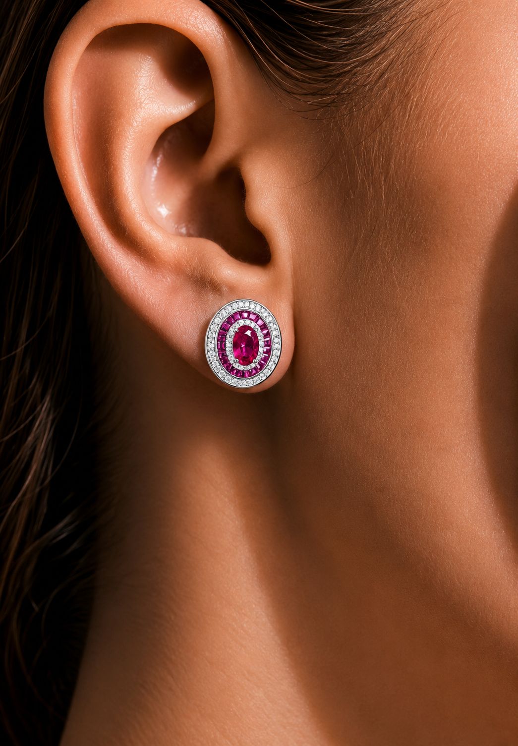 Premium 1 Carat Hydro Ruby Oval Solitaire Baguette Stud Earrings on Pure 925 Silver
