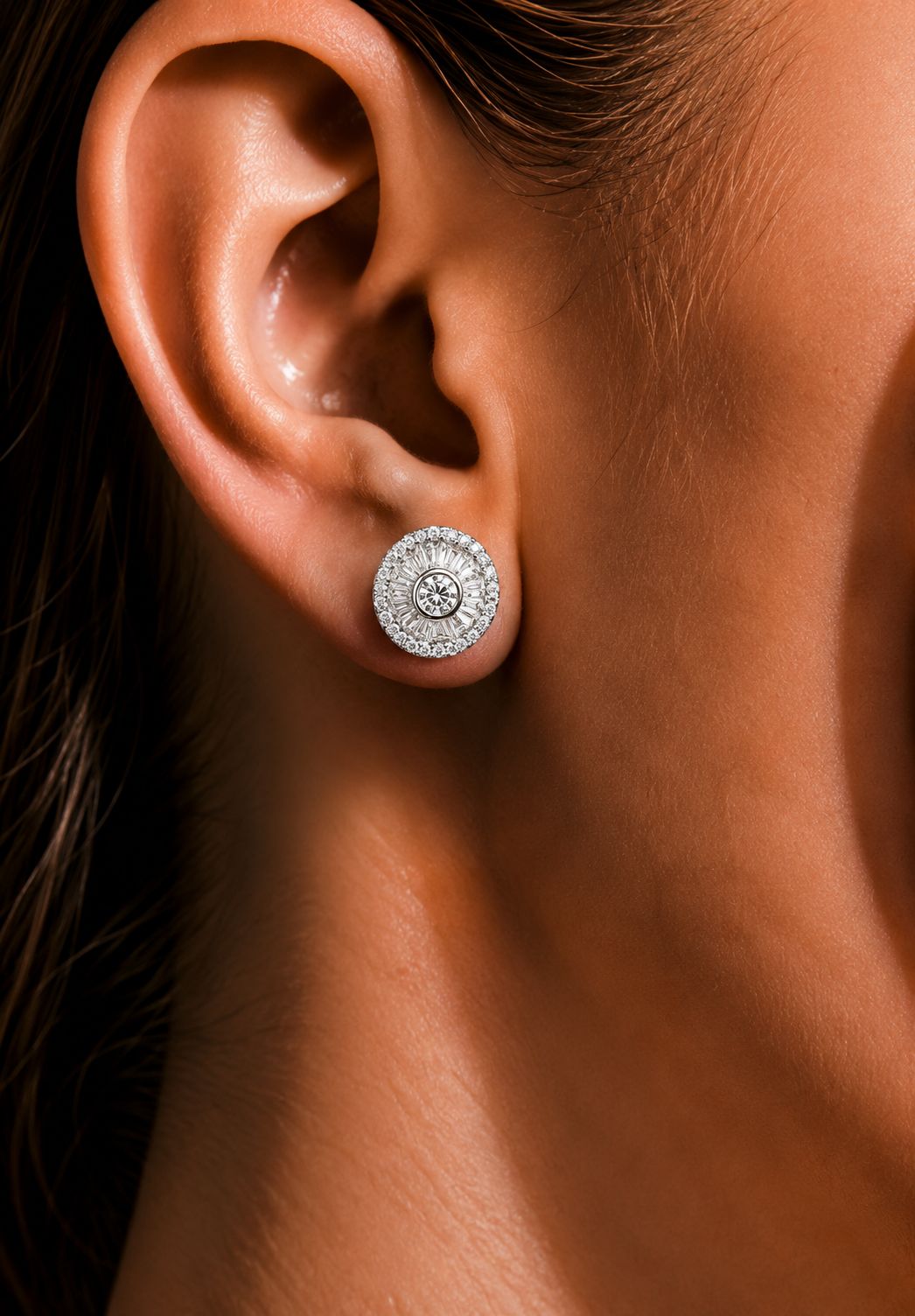 Premium Taper Baguette Setting Castor Studs with Bezel Setting Centre Solitaire on Pure 925 Silver.
