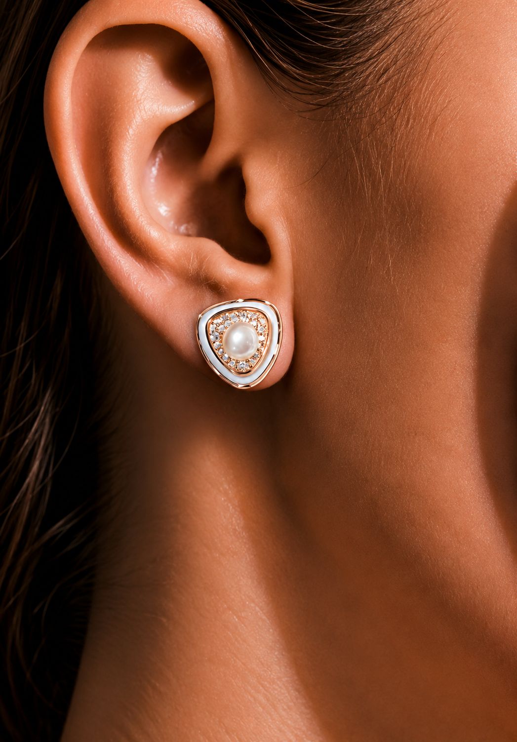 Premium Rose Gold Finish Fresh Water Pearl Ziva Stud Earrings with White Enamelling on Pure 925 Silver.