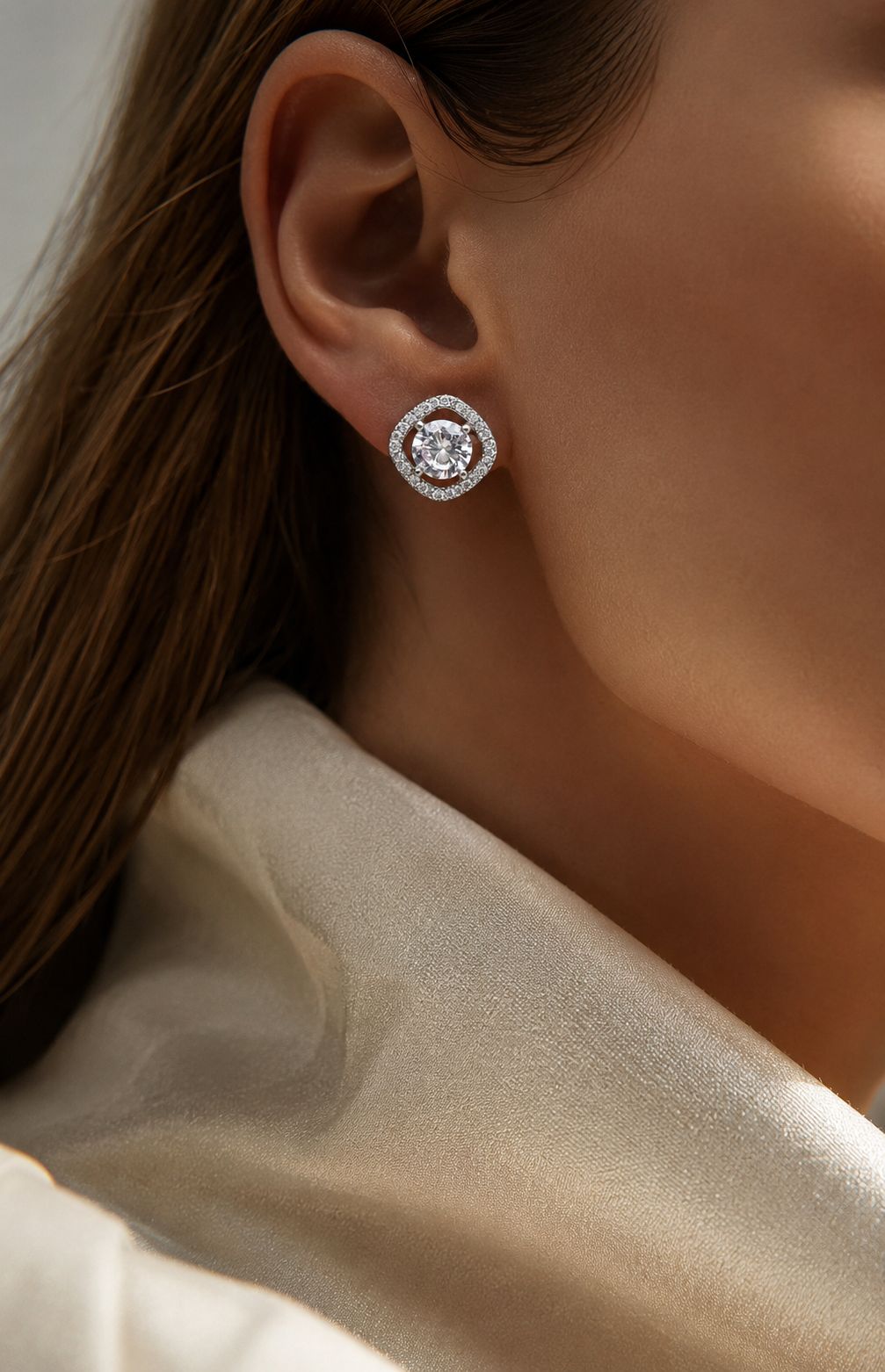 Premium Square Diamond Cluster Halo Studs with 1 Carat Centre Solitaire on Pure 925 Silver