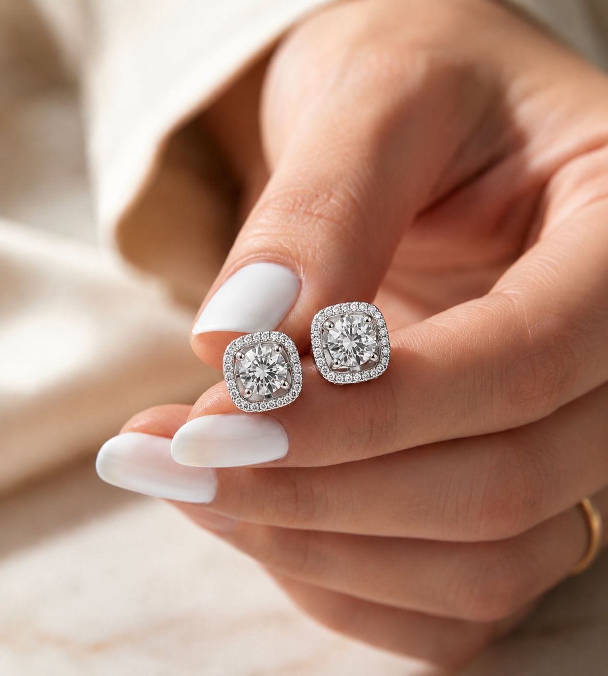 Premium Square Diamond Cluster Halo Studs with 1 Carat Centre Solitaire on Pure 925 Silver