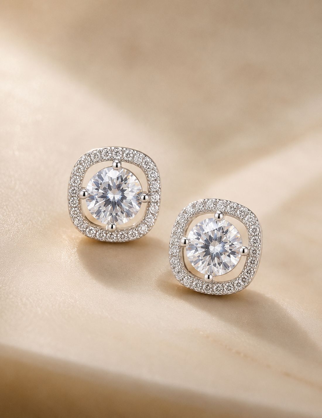 Premium Square Diamond Cluster Halo Studs with 1 Carat Centre Solitaire on Pure 925 Silver