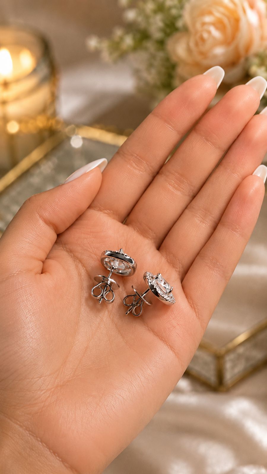 Premium Square Diamond Cluster Halo Studs with 1 Carat Centre Solitaire on Pure 925 Silver