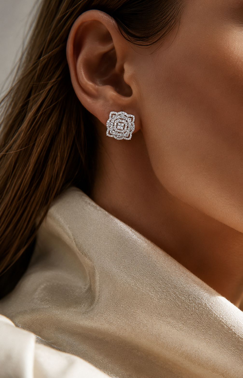 Ultra Premium American Diamond Ella Studs with Princess Cut Solitaire and Premium Screw Backs on Pure 925 Silver