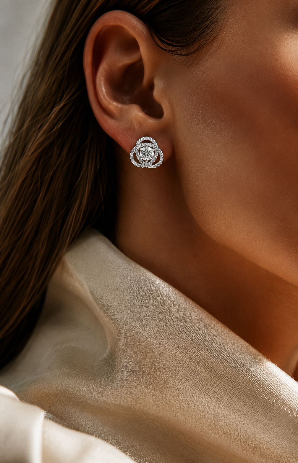 Intertwined Cluster Fauzia Solitaire Studs with Premium Screw Backs - White Gold Finish