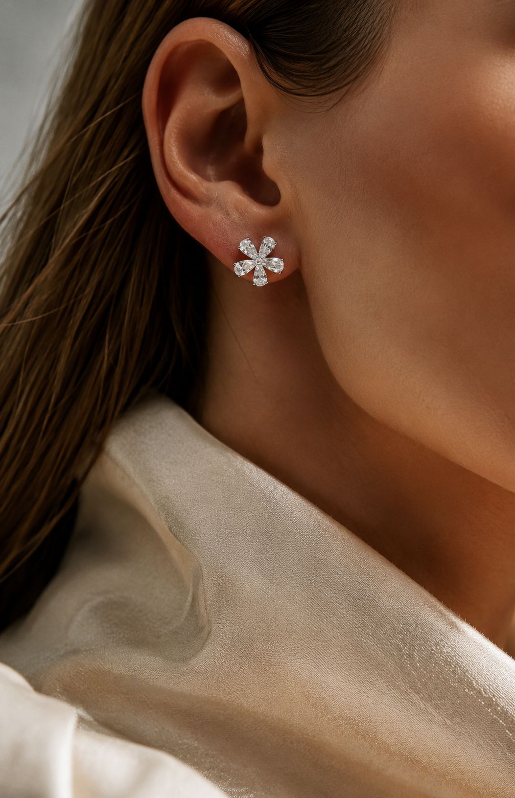Drop Solitaire Premium Floral Alizeh Studs with Premium Screw Backs on Pure 925 Silver