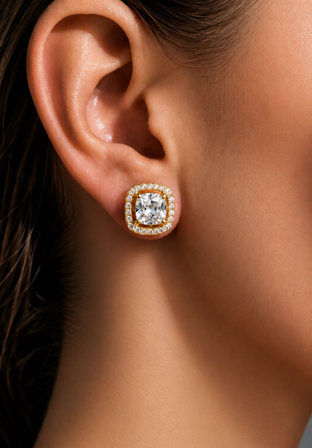 1.3 Carat Cushion Cut Katy Pure 925 Silver Solitaire Studs with Premium Screw Backs - 18k Gold Finish