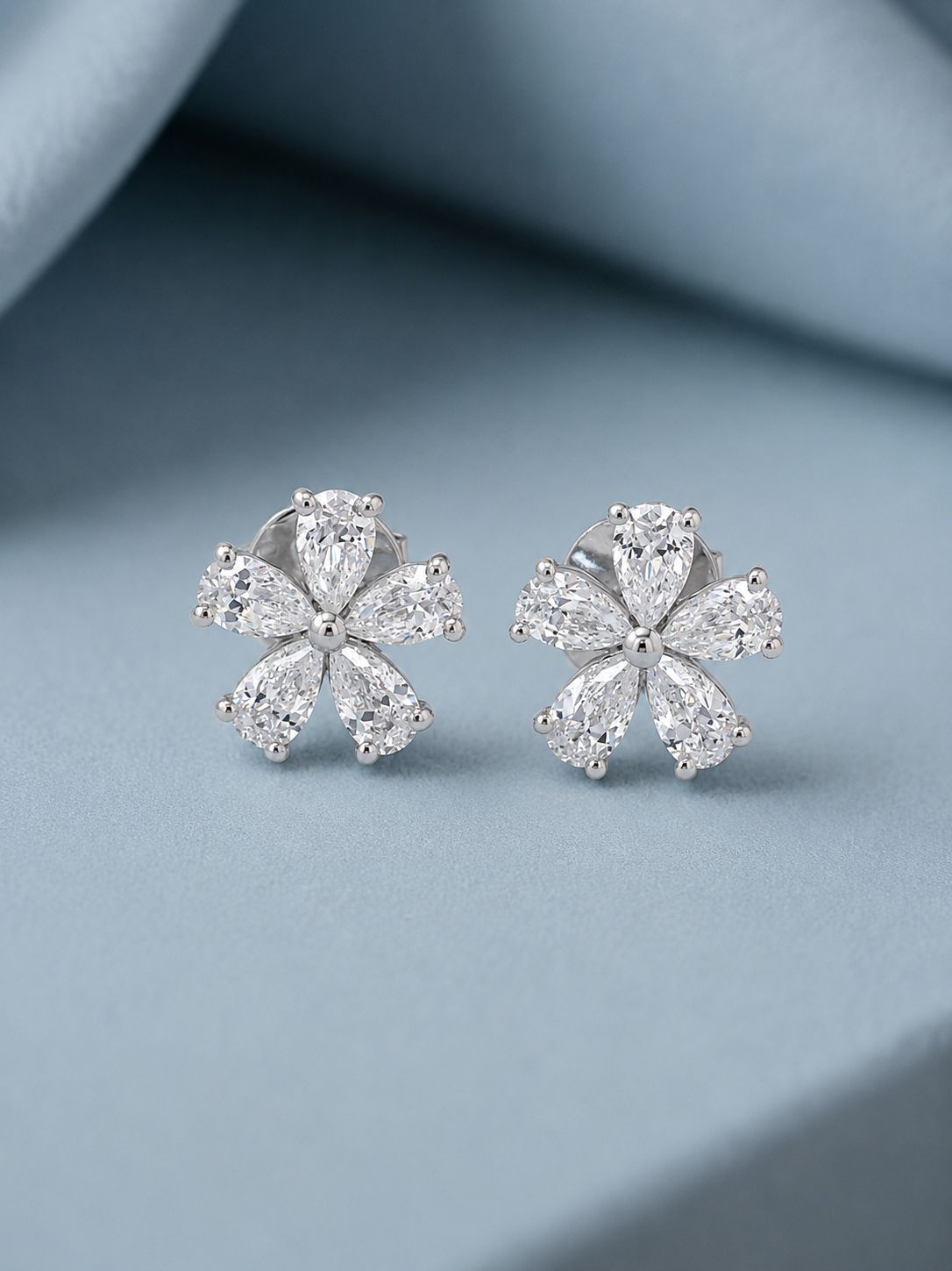 Drop Solitaire Premium Floral Alizeh Studs with Premium Screw Backs on Pure 925 Silver