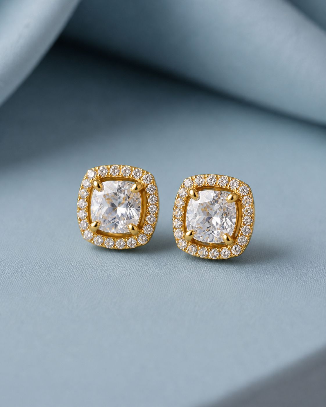 1.3 Carat Cushion Cut Katy Pure 925 Silver Solitaire Studs with Premium Screw Backs - 18k Gold Finish