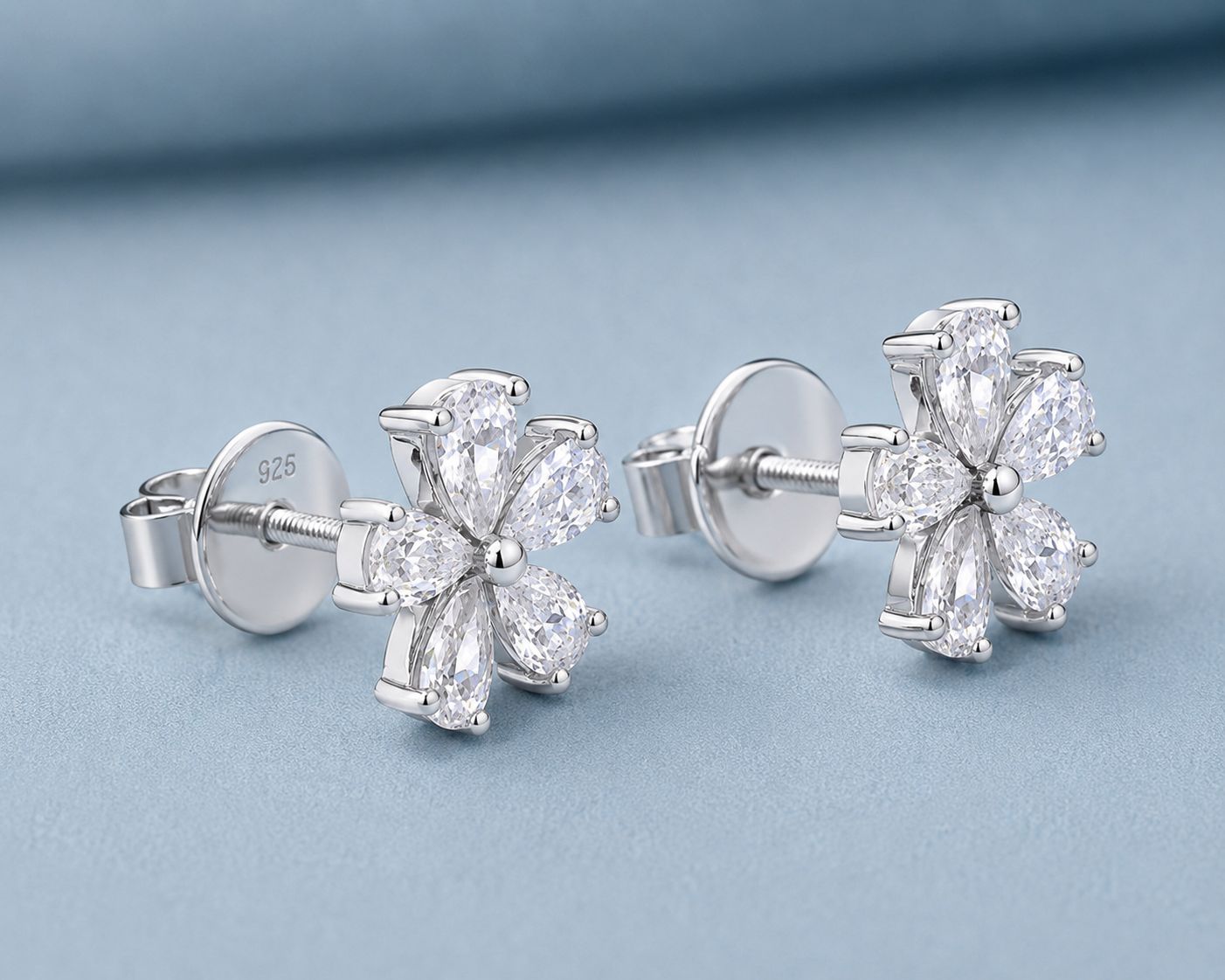 Drop Solitaire Premium Floral Alizeh Studs with Premium Screw Backs on Pure 925 Silver