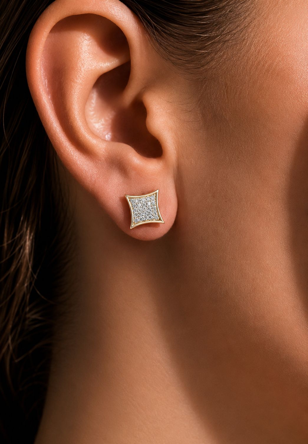Pave Setting Diamond Studded Gold Finish Cenora Studs with Screw Backs