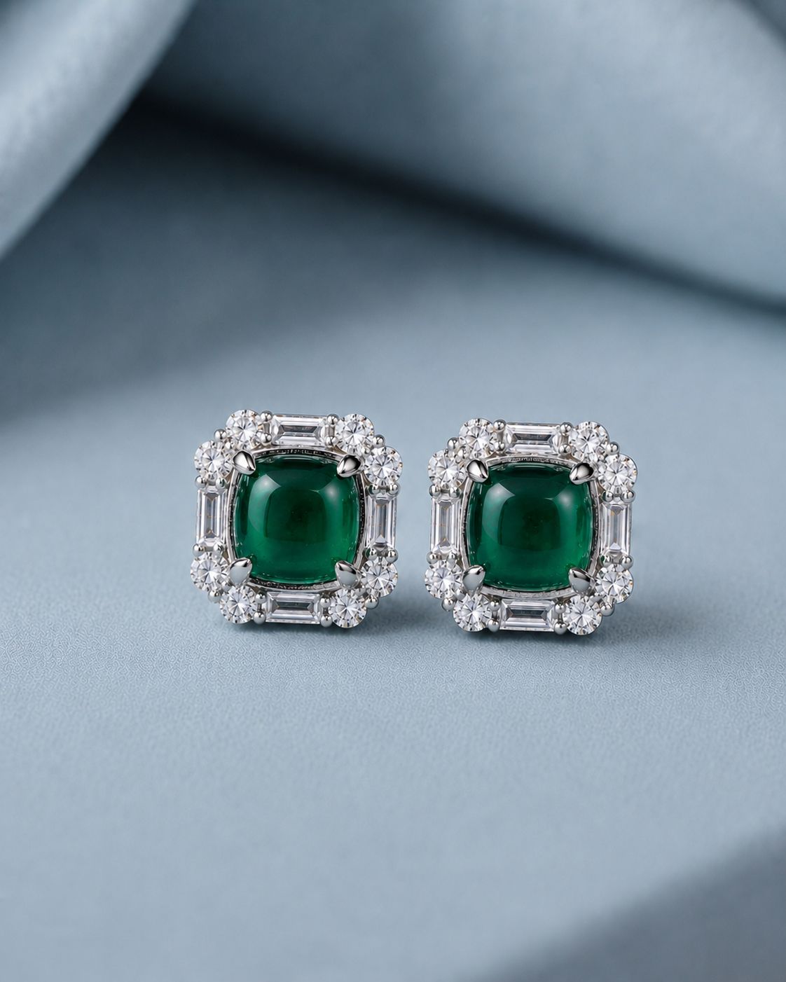 Premium Green Emerald Cabochon Shukra Statement Stud Earrings with Premium Screw Backs on Pure 925 Silver