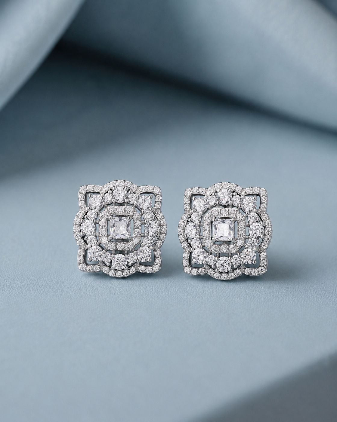 Ultra Premium American Diamond Ella Studs with Princess Cut Solitaire and Premium Screw Backs on Pure 925 Silver