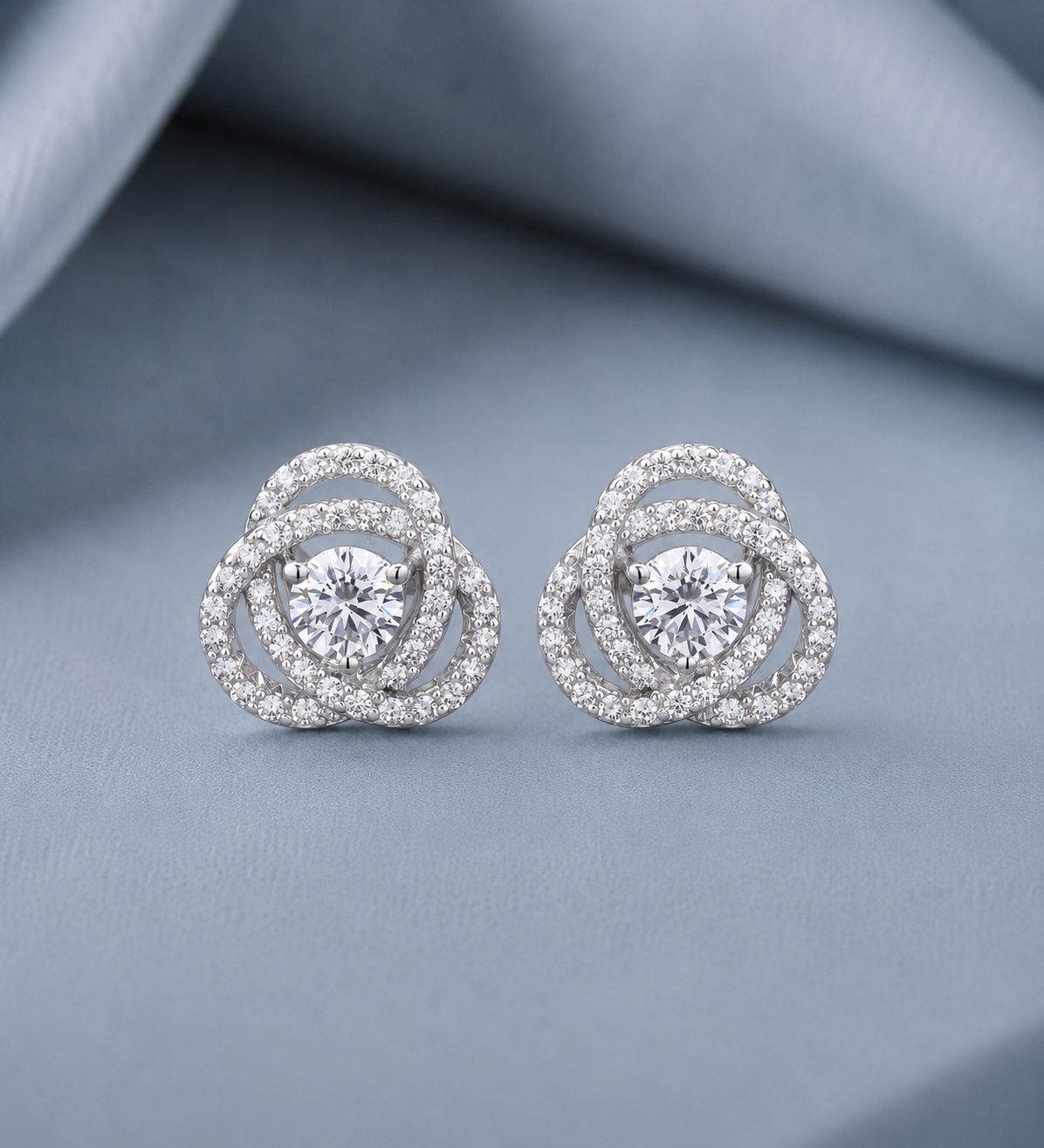 Intertwined Cluster Fauzia Solitaire Studs with Premium Screw Backs - White Gold Finish