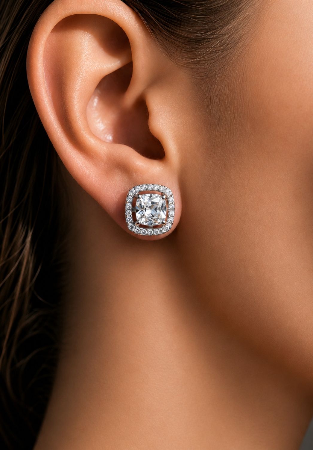 1.3 Carat Cushion Cut Katy Pure 925 Silver Solitaire Studs with Premium Screw Backs - White Gold Finish