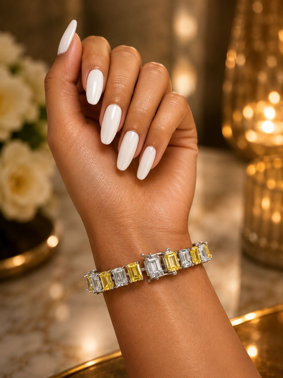 TOJ Everyday - Yellow and White Emerald Cut Diamond Solitaire Anti Tarnish Womens Tennis Bracelet