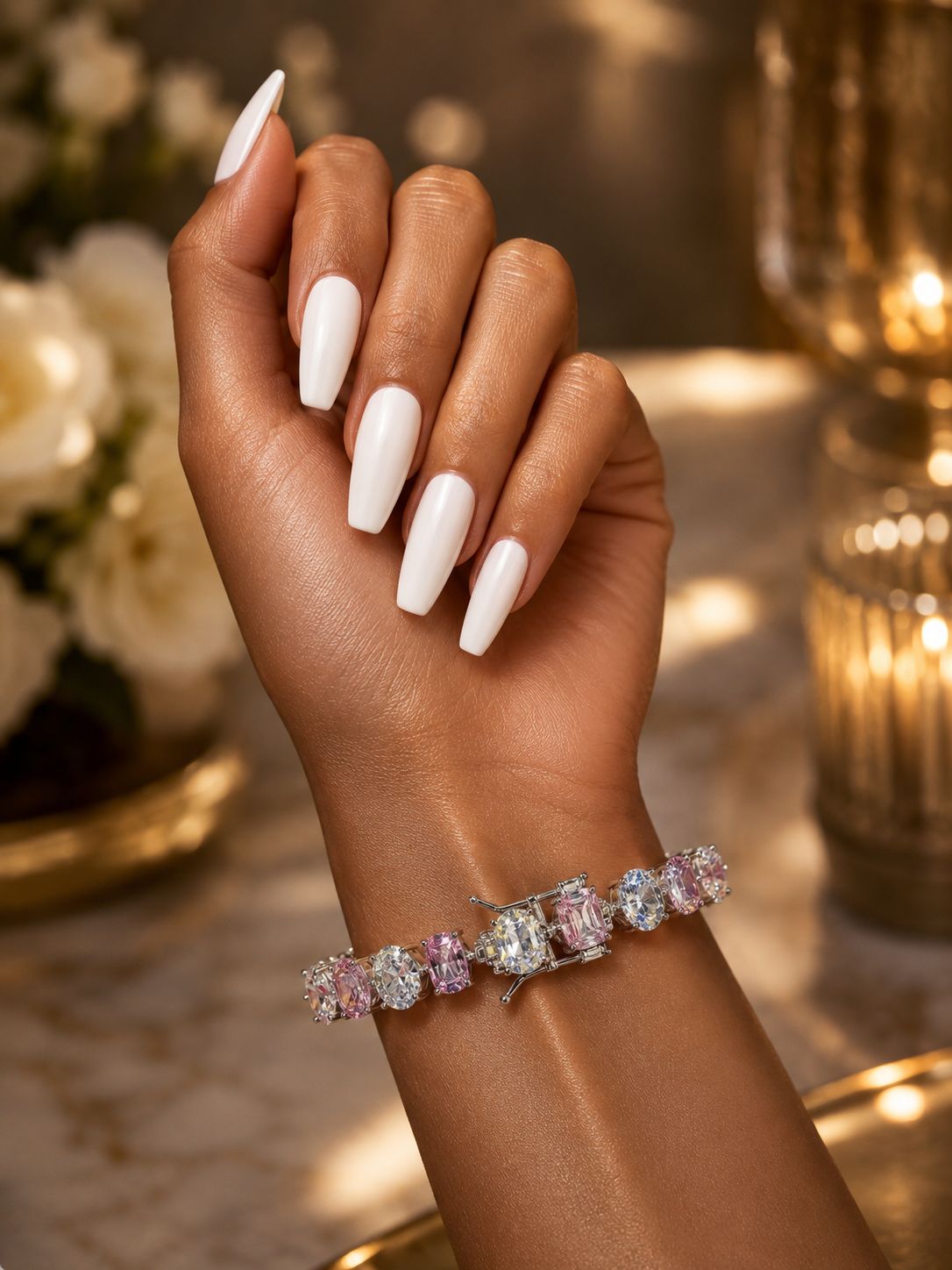 TOJ Everyday - Pink and White Diamond Oval Cut Solitaire Anti Tarnish Tennis Bracelet for Women