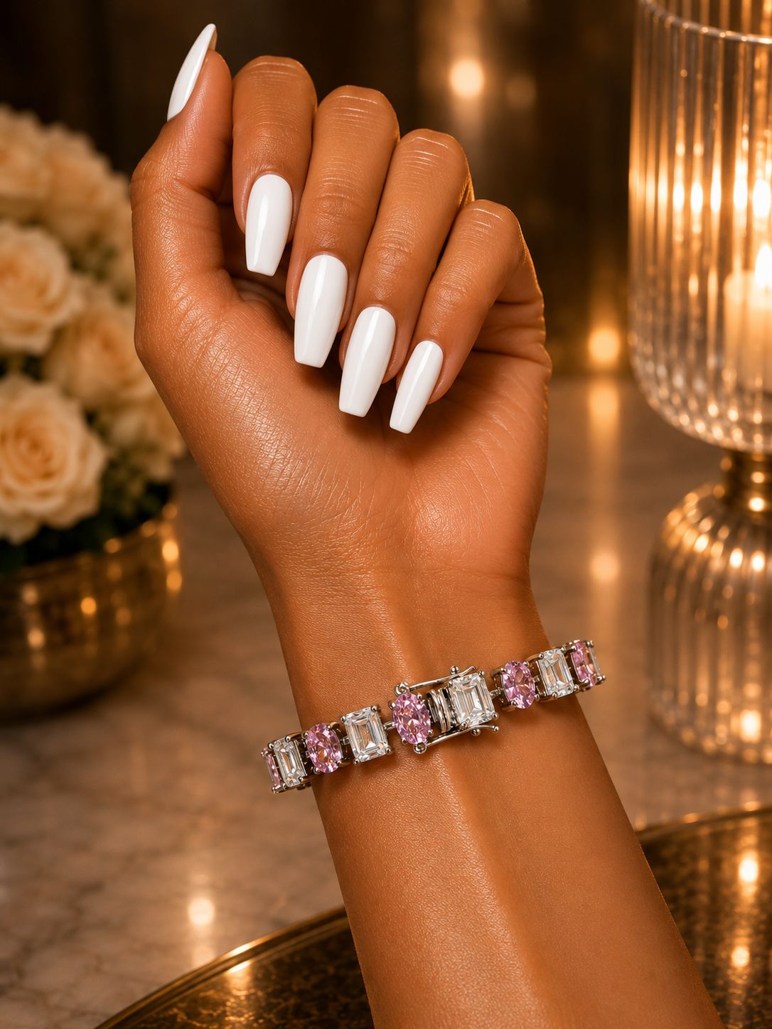 TOJ Everyday - Pink Oval Diamond and Emerald Cut Diamond Anti Tarnish Tennis Bracelet for Women