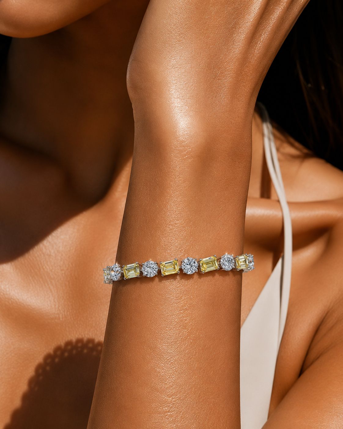 TOJ Everyday - Yellow Diamond Emerald Cut and Round Cut Solitaire Diamond Anti Tarnish Tennis Bracelet for Women